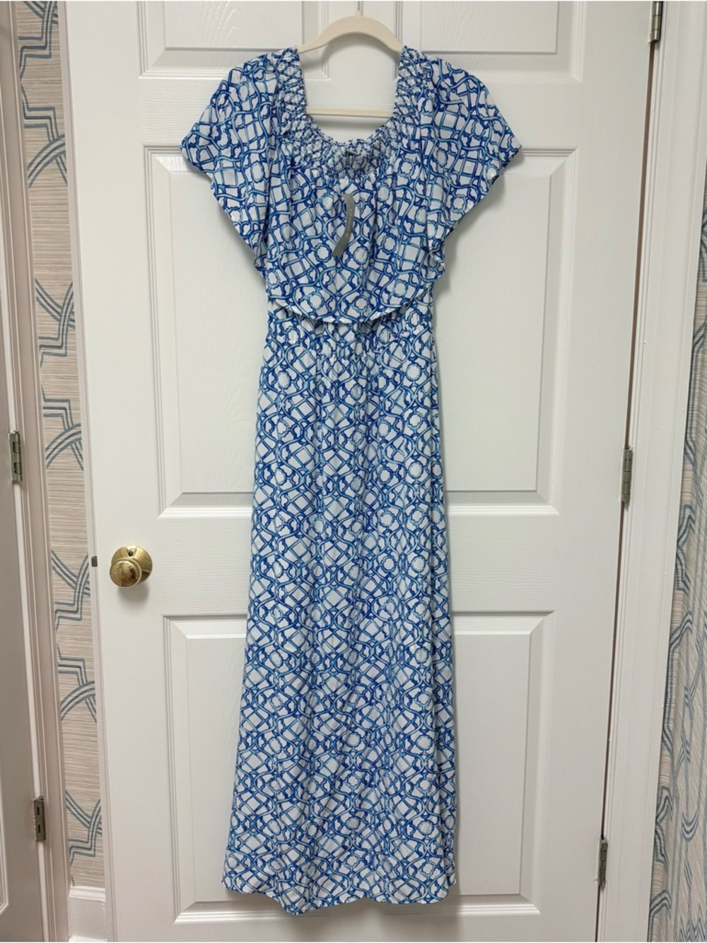 Chico's White and Blue Geometric Maxi Dress
